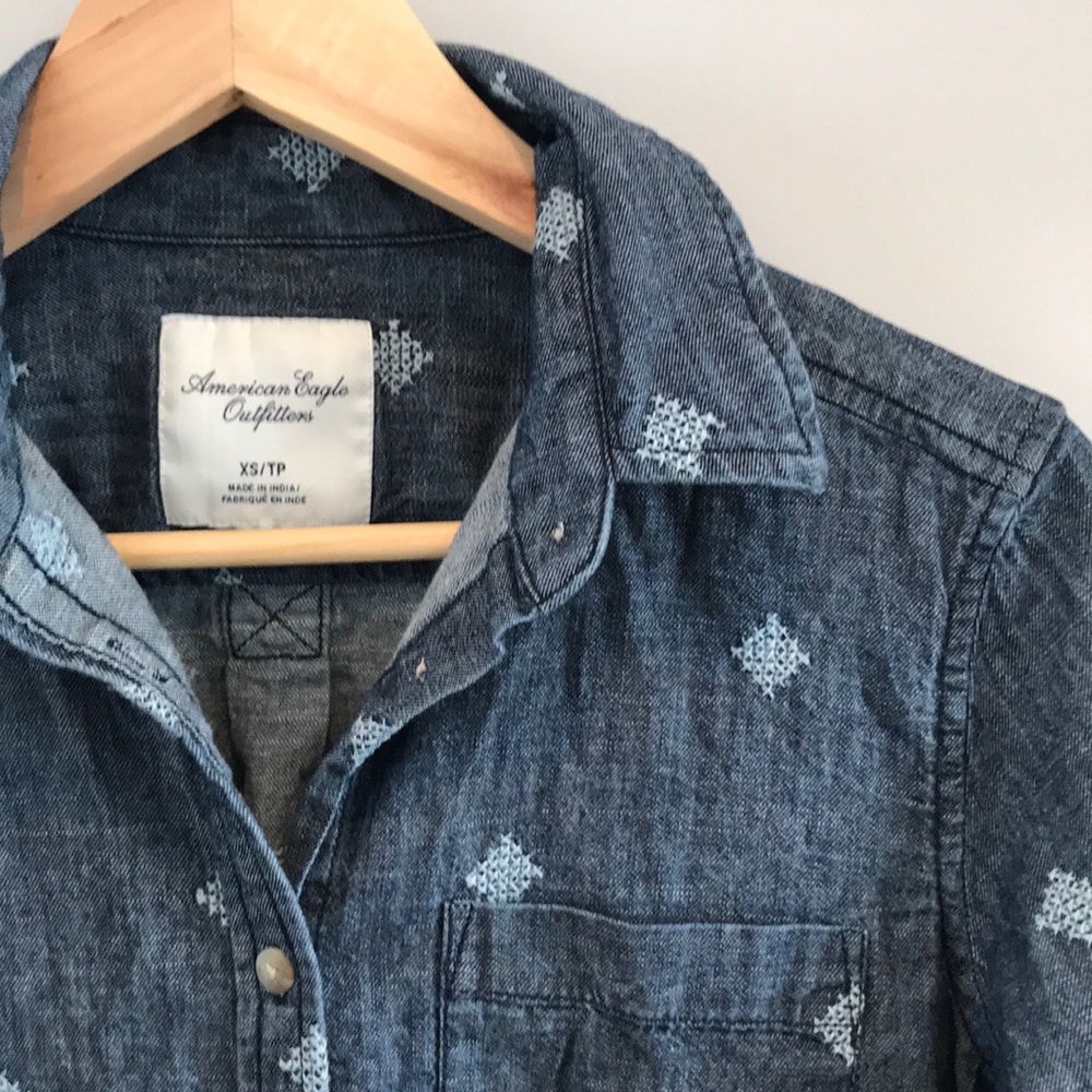 American Eagle embroidered denim button-down